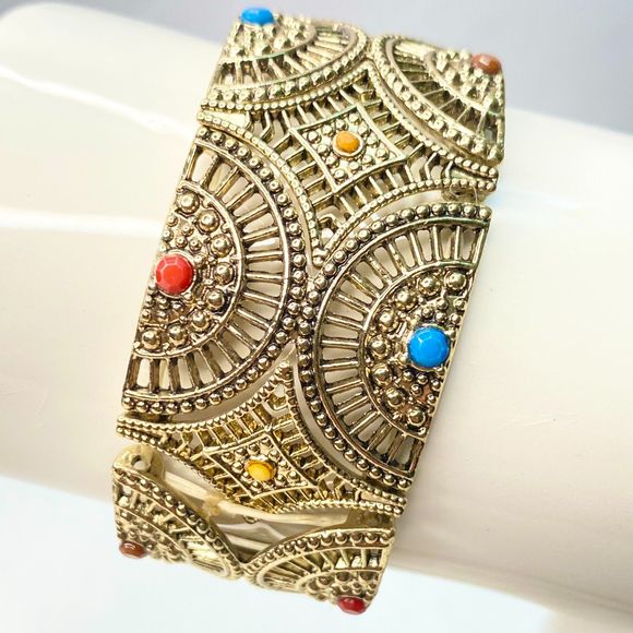 Rangoli Inspired Stretch Bracelet Gold Tone Open Work Central Tiny Beads - Picture 3 of 7